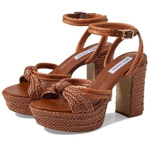 Steve Madden Ibiza Cognac Brown Leather Woven Platform Heels Size 9